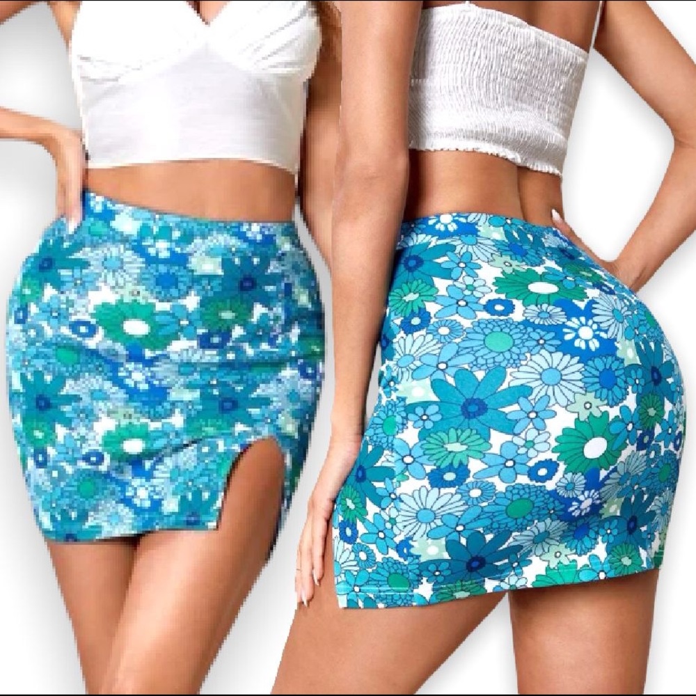 New Boho Floral Print Blue Green White Split Hem High Waist Bodycon Mini Skirt - Picture 13 of 13